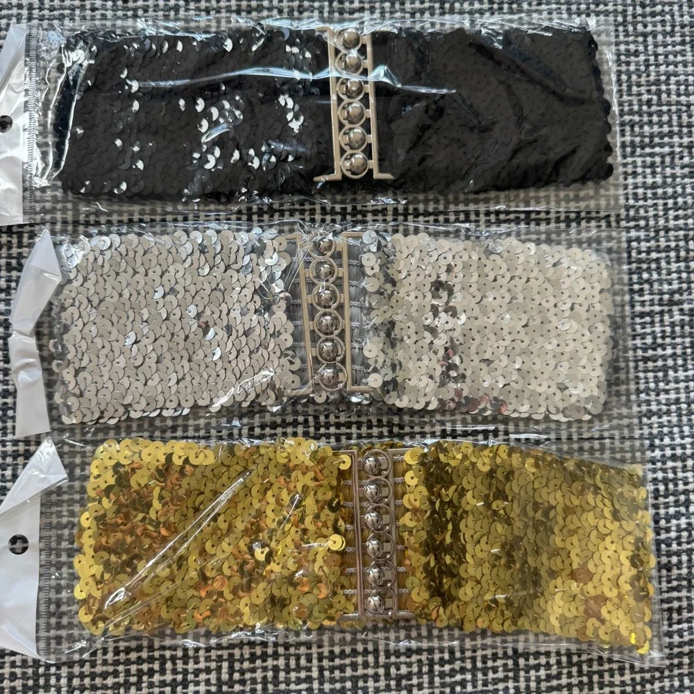 3 Pcs Sequin Glitter Dressy Belt Set Black Silver Gold Wide Elastic Cinch